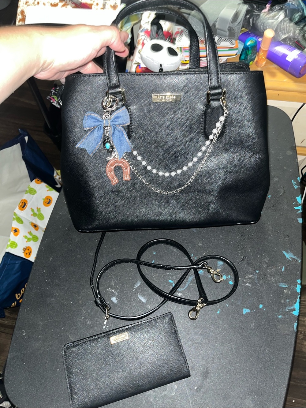 kate spade Black Saffiano Leather Satchel with Charm Chain